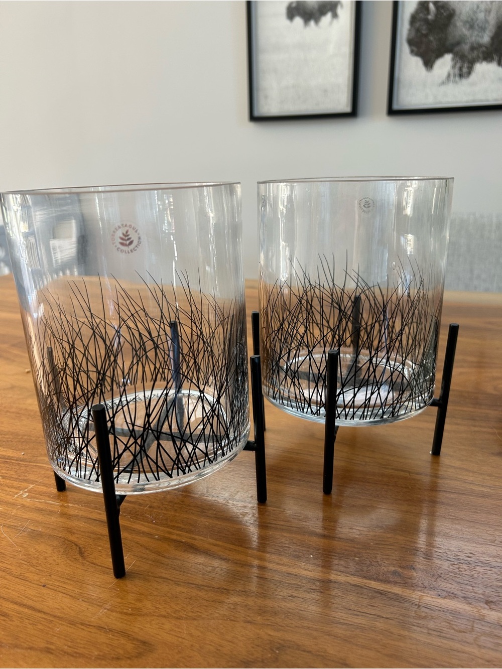 2 hurricane glass candle holders and stands